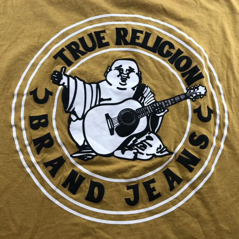 True Religion Mens T-Shirt Size 2XL Short Sleeve Yellow Graphic Tee Casual Crew